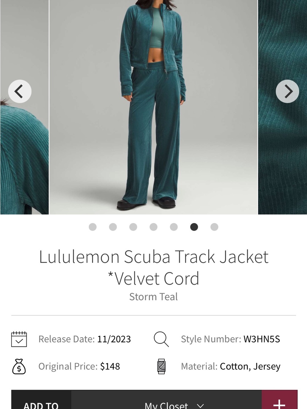 lululemon athletica Storm Teal Velvet Cord Scuba Track Jacket